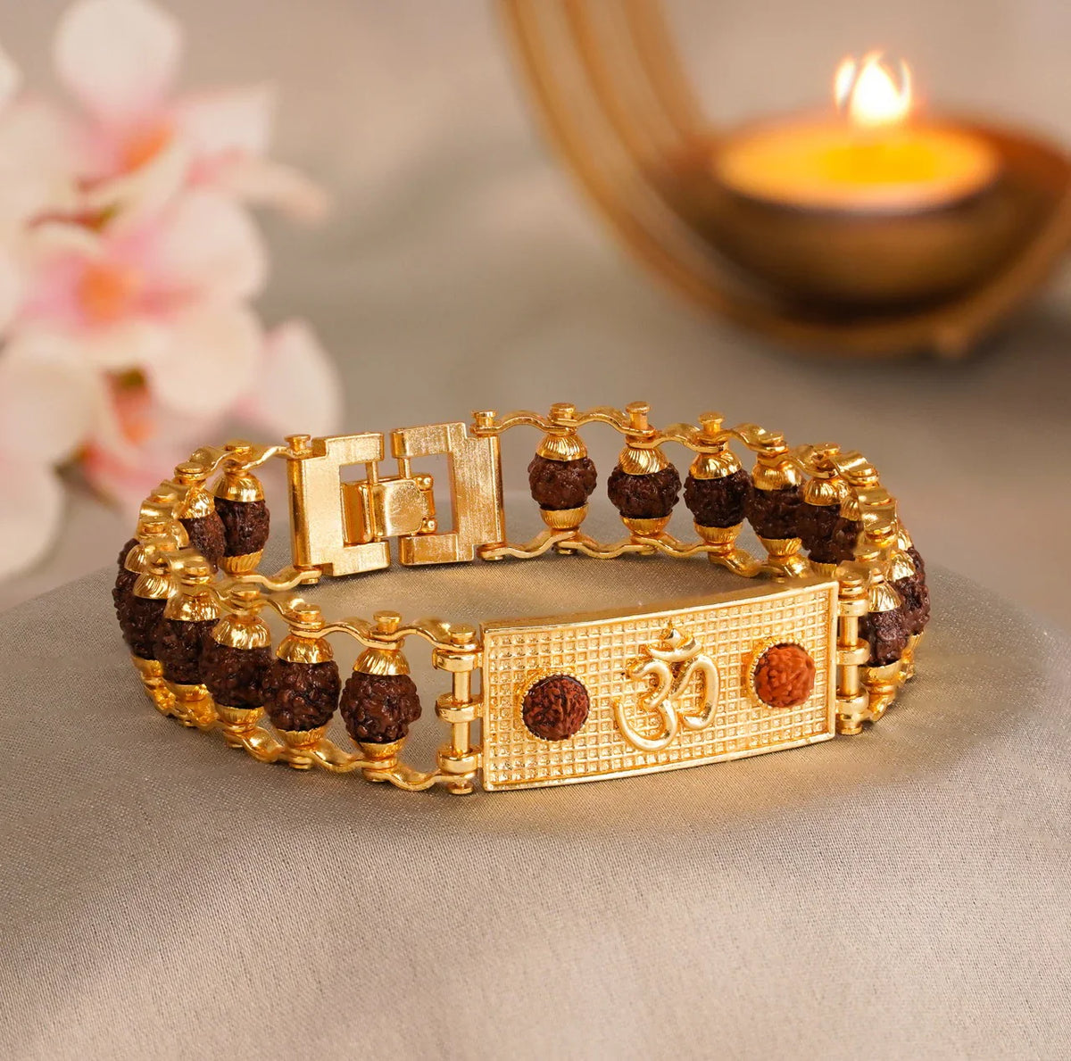 Elegant Rudraksha bracelet for inner peace featuring golden accents and intricate design