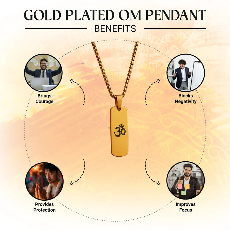 Gold Plated OM Pendant necklace featuring benefits like courage, protection and improved focus, 24K gold OM necklace