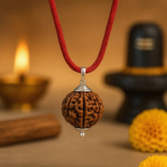 Devam Rudraksha Necklace with Intricate Brain Design, Strung on Red Thread for Spiritual and Fashionable Wear