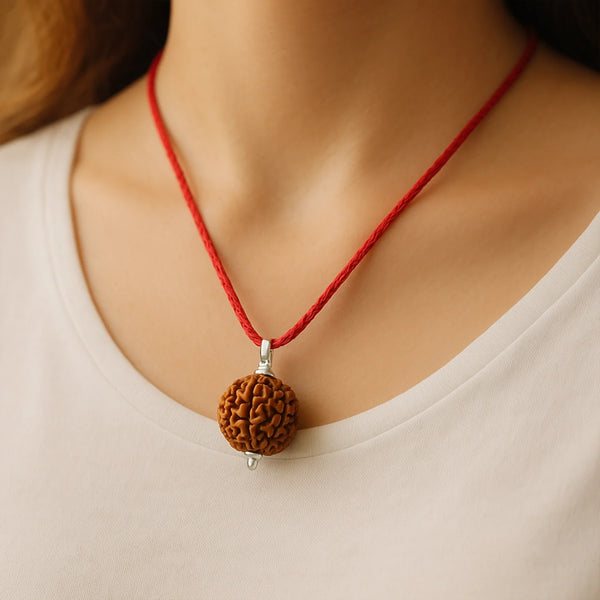 Devam Rudraksha Pendant Necklace on Red Cord for Spiritual and Fashion Appeal