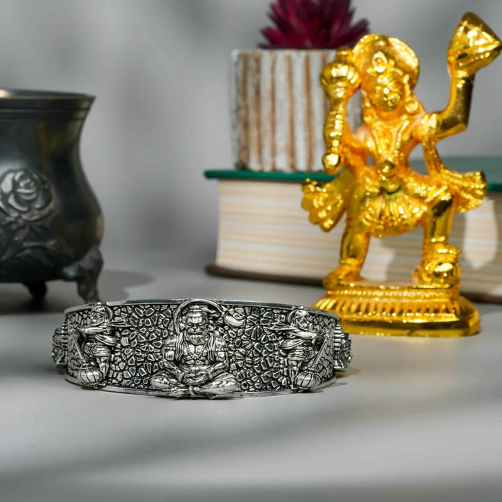 Devam Hanumanji kada bracelet in intricate silver design with Hindu motifs and spiritual symbols