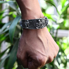Devam Hanumanji kada bracelet in silver, featuring detailed designs on a durable band