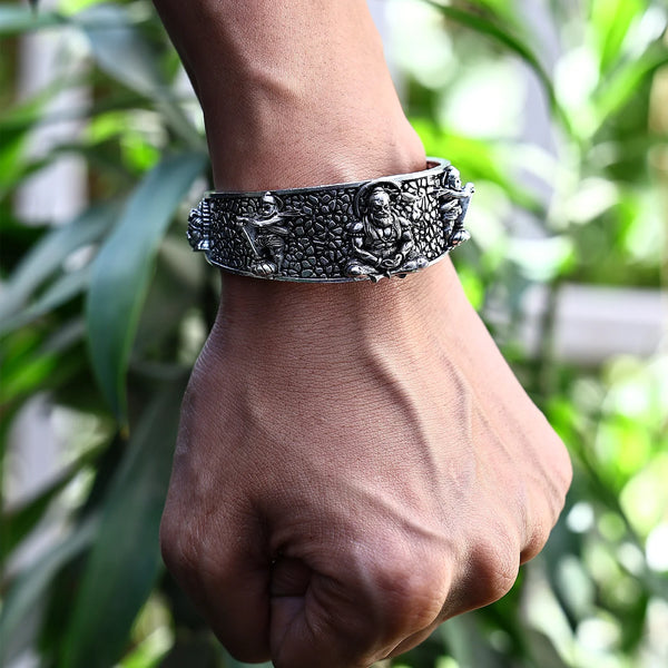 Devam Hanumanji kada bracelet in silver, featuring detailed designs on a durable band