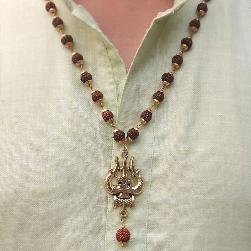 Gold Plated Rudraksha Shiva Trishool Necklace